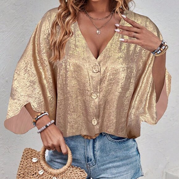 Champagne Casual Women's Loose Fit Drop Shoulder Shirt - Picture 5 of 7